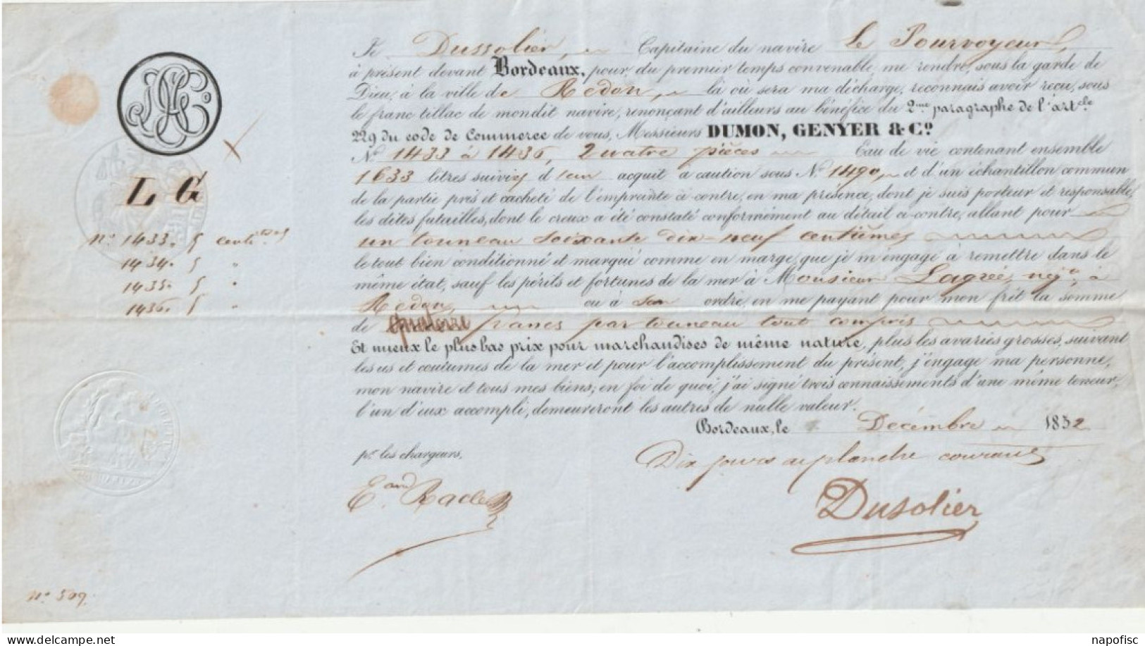 33-Connaissement Dumon, Genyer & Cie....Dussolier..Capitaine Navire Le Pourvoyeur...Bordeaux (Gironde) 1852 - Trasporti