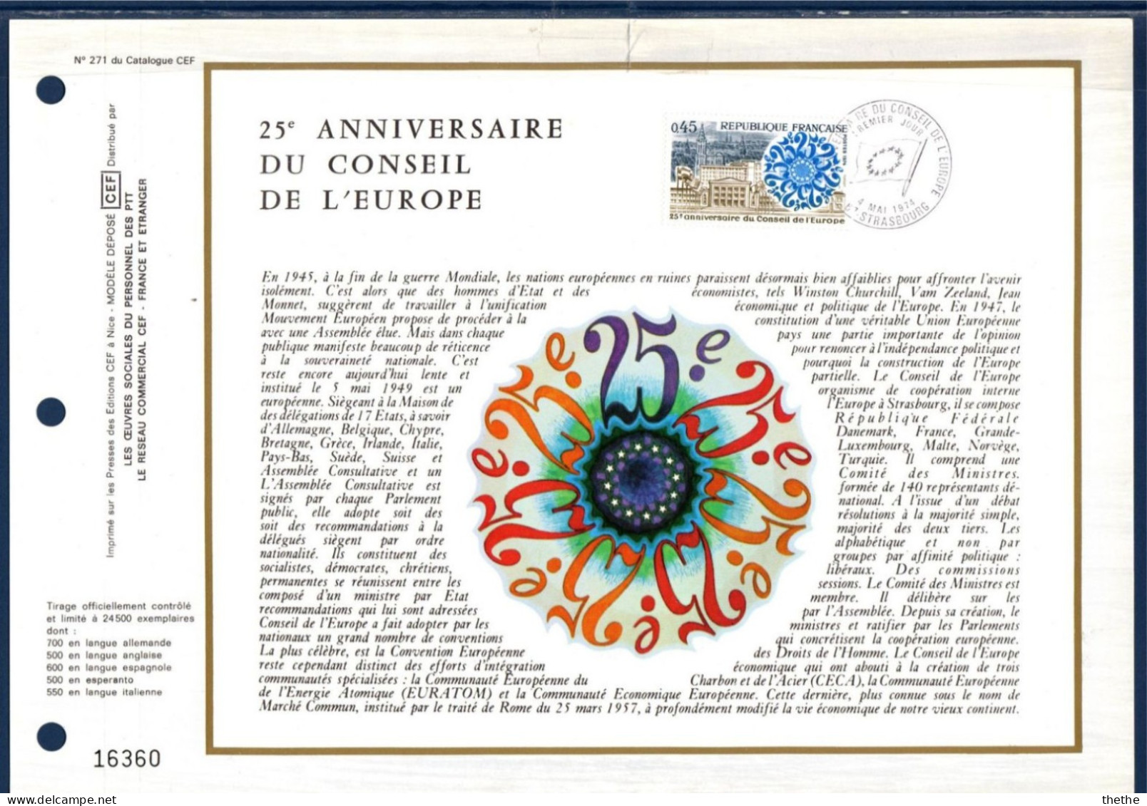FRANCE - FDC - 25e Anniversaire Du Conseil De L'Europe - Feuillet N° 271 Du Catalogue CEF - 1970-1979