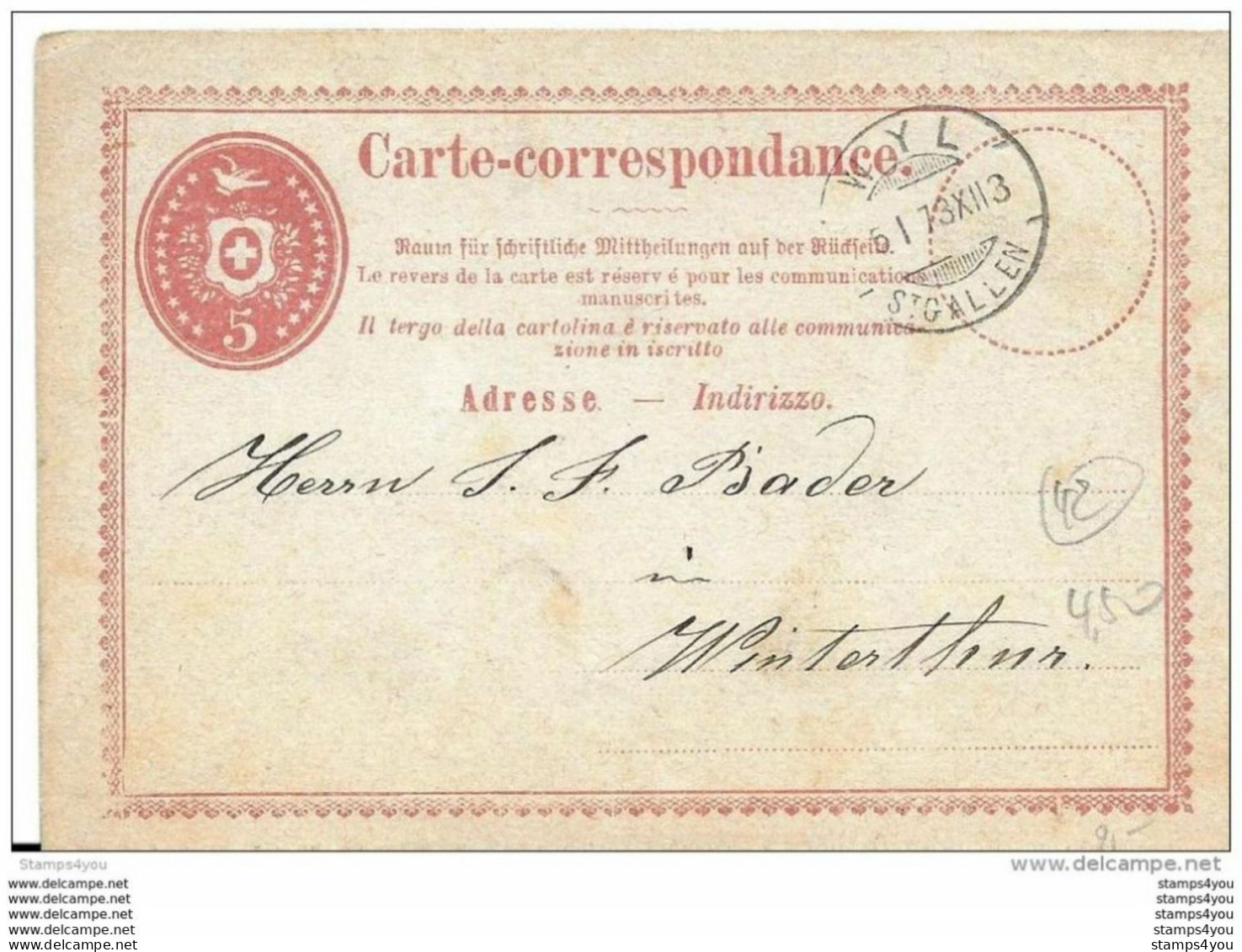 28-42 Entier Postal Avec Cachet à Date De Wyl 1873 - Entiers Postaux