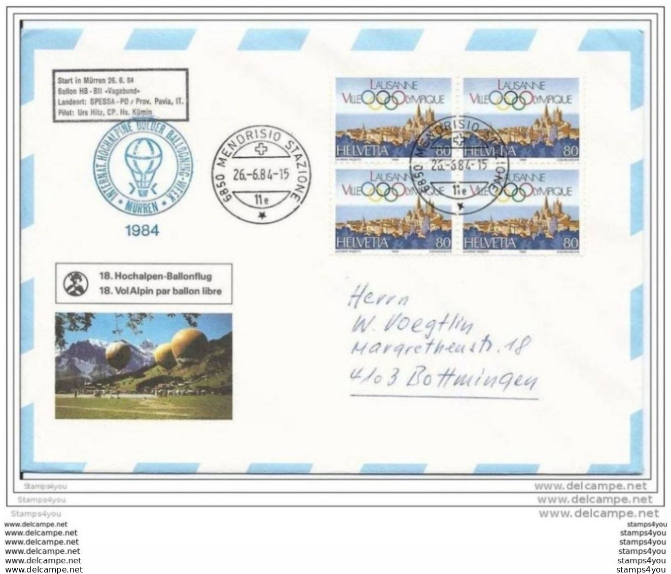 68 - 28 - Enveloppe Suisse Semaine Internat. Vol Alpin 1984 - Cachet A Date De Mendrisio Stazione - Luchtballons