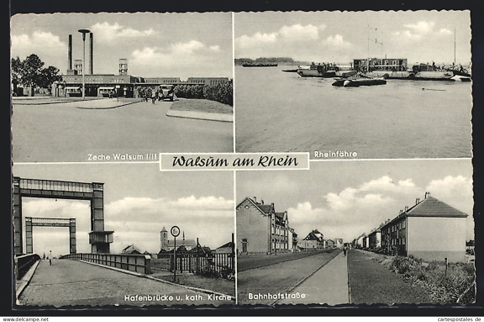AK Walsum A. Rhein, Zeche Walsum I /II, Bahnhofstrasse, Hafenbrücke, Rheinfähre, Kohle  - Mijnen