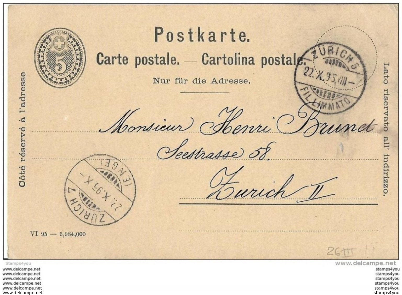 93 - 28 - Entier Postal 5cts Avec Cachets à Date Zurich 1895 - Entiers Postaux