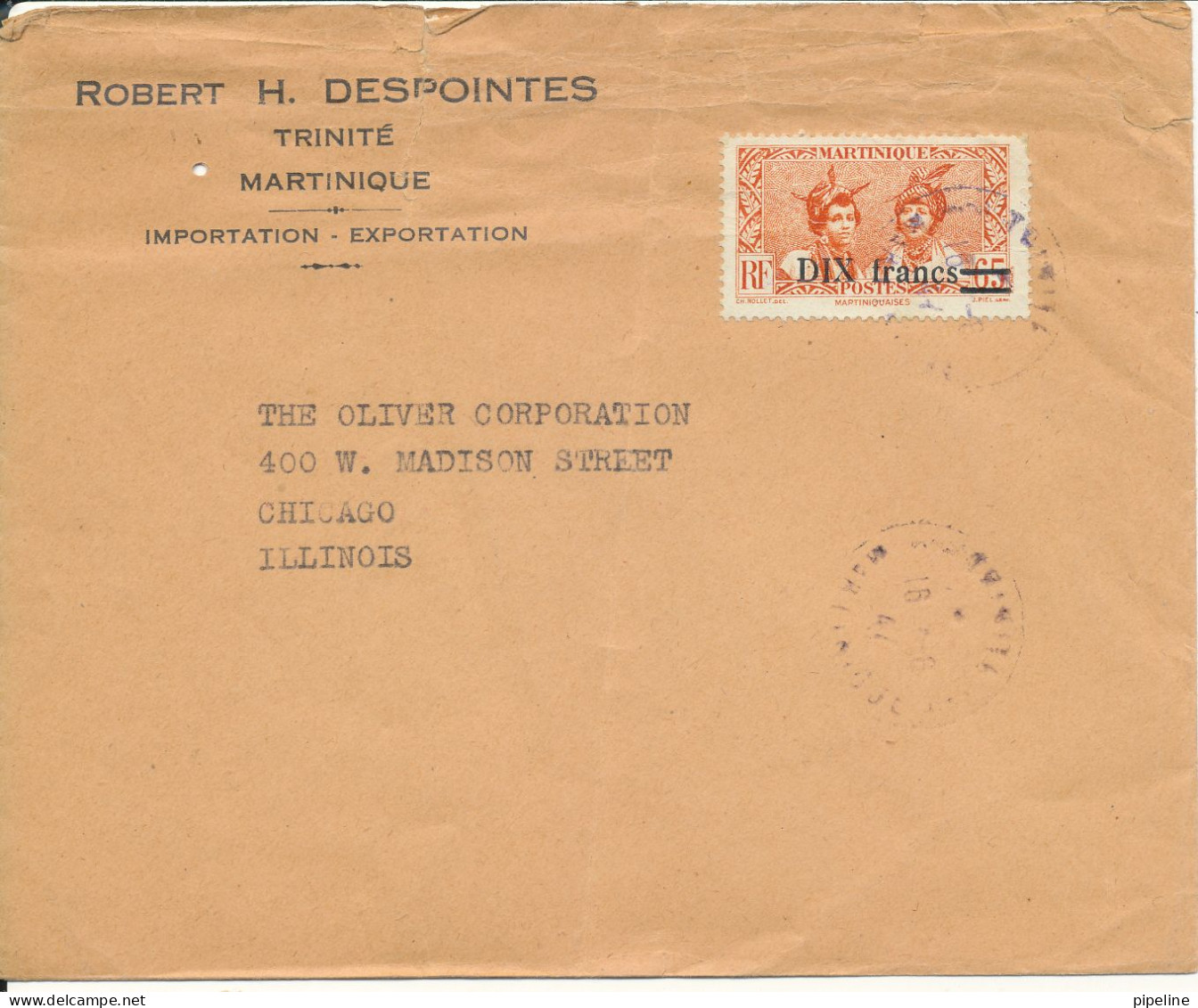 Martinique Cover Sent To USA 16-8-1947 Single Franked Overprinted DIX FRANCS Folded Cover - Storia Postale