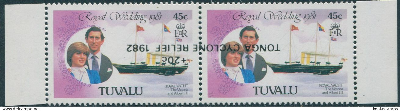 Tuvalu 1982 SG187c 45c Royal Yacht Cyclone Relief 20c Surcharge Inverted Pair MN - Tuvalu