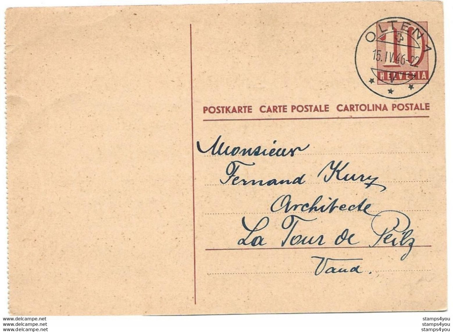 117 - 28 - Entier Postal Avec Superbe Cachet à Date Olten 1946 - Entiers Postaux