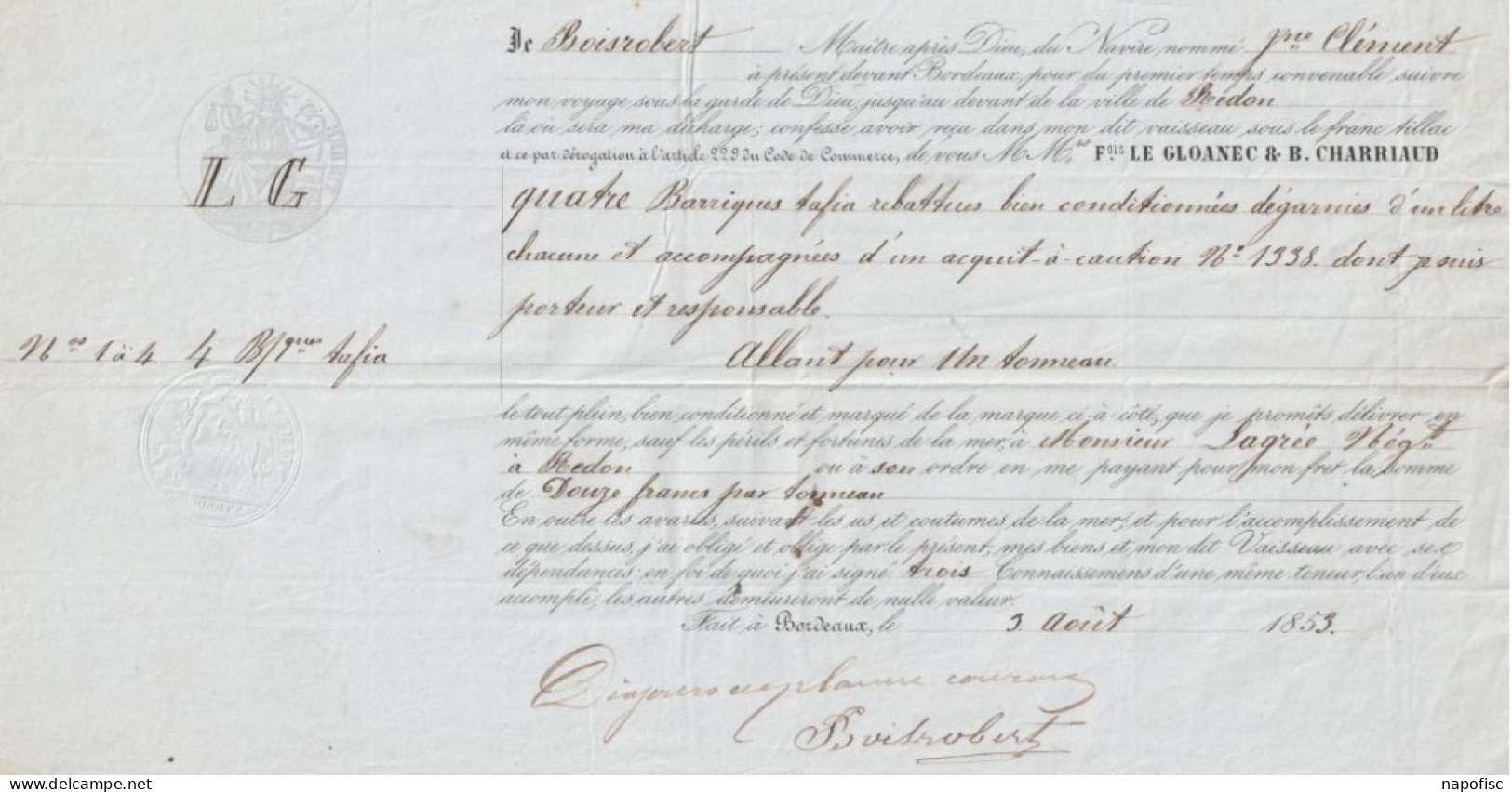 33-Connaissement F.Le Gloanec & B.Charriaud...Boisrobert Capitaine..Navire Jeune Clément...Bordeaux (Gironde)..1853 - Transports