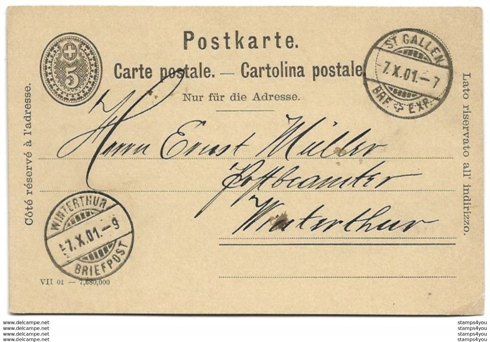 8 - 28 - Entier Postal Avec Superbes Cachets à Date St Gallen Et Winterthur 1901 - Ganzsachen