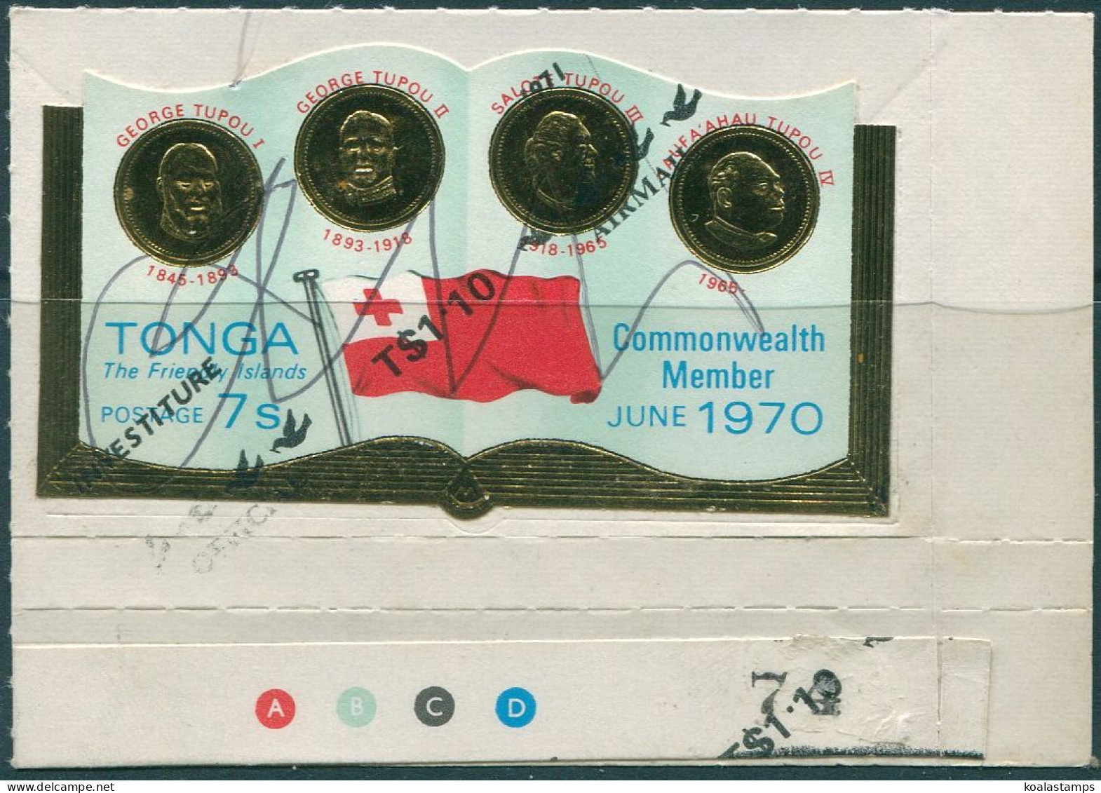 Tonga 1970 SG316 7s Rulers And FLAG With 1p.10 Airmail Ovpt From SGO72 Pen Cance - Tonga (1970-...)