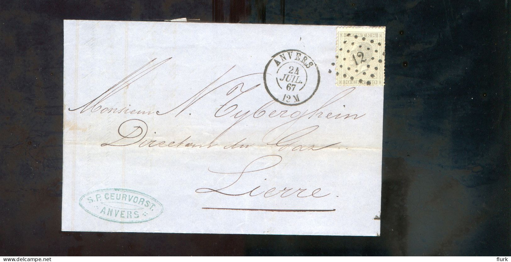 België OCB17 Gestempeld Op Brief Anvers-Lierre 1867 Perfect (2 Scans) - 1865-1866 Profile Left