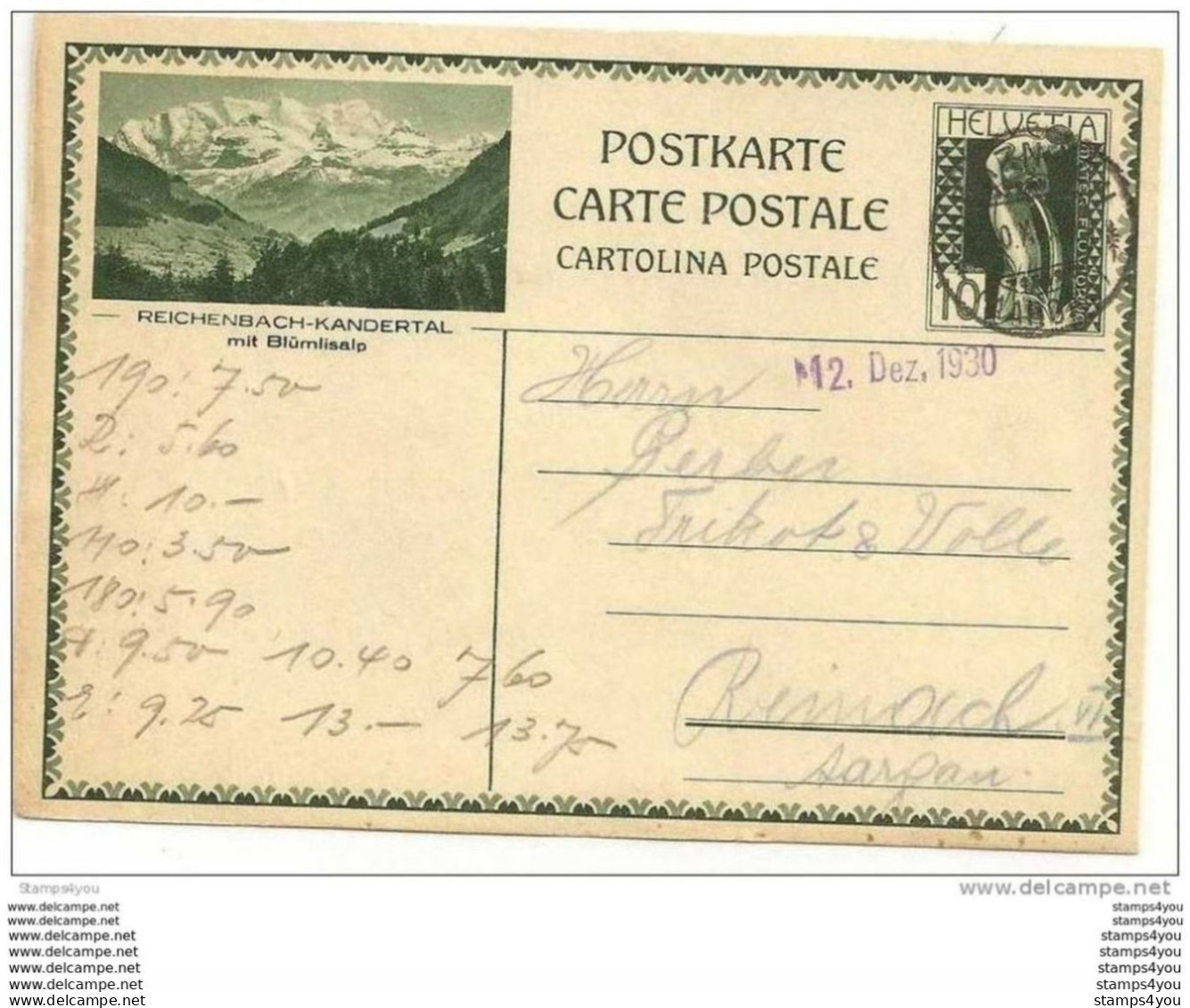 28-13 -entier Postal Avec Illustration Reichenbach-Kandertal 1930 - Ganzsachen