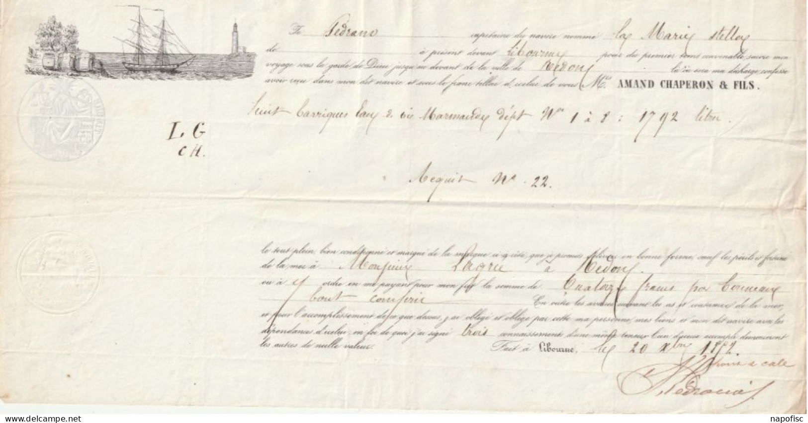 33-Connaissement M.Chaperon  Fils..Navire La Marie-Stella Sedrano Capitaine (Gironde) 1852 - Transporte