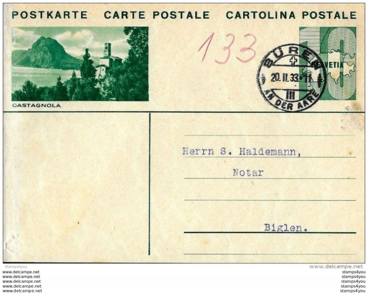 28-30 - Entier Postal Avec Illustration "Castagnola" Cachet à Date Büren 1933 - Ganzsachen