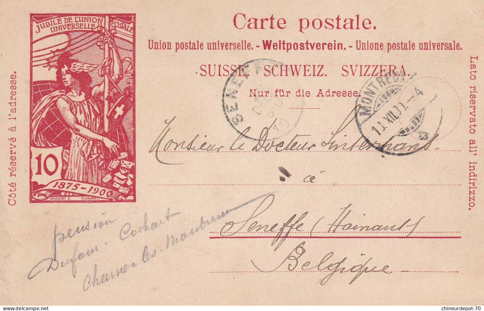 WELTPOSTVEREIN SCHWEIZ SUISSE MONTREUX JUBILE DE L UNION UNIVERSELLE 1900 DOCTEUR SENEFFE BELGIQUE - Altri & Non Classificati