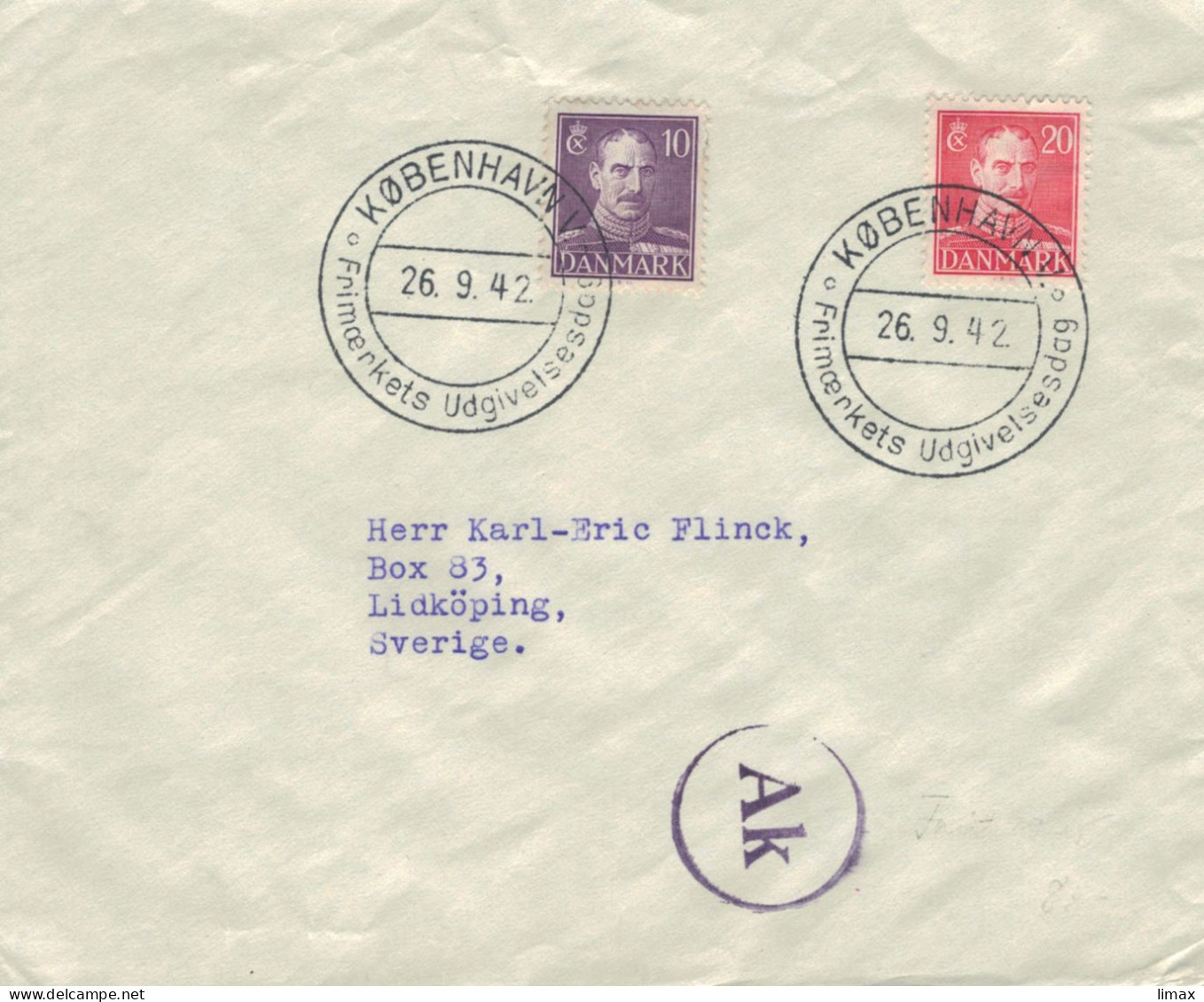 Max Ellman Kopenhagen 1942 > Flinck Lidköping - Zensurstelle K - Christian X. - Briefe U. Dokumente