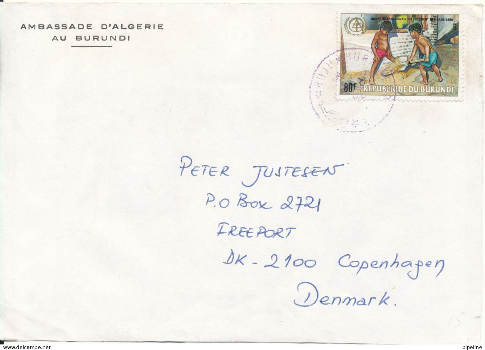 Burundi Cover Sent To Denmark 1988 Single Franked - Lettres & Documents