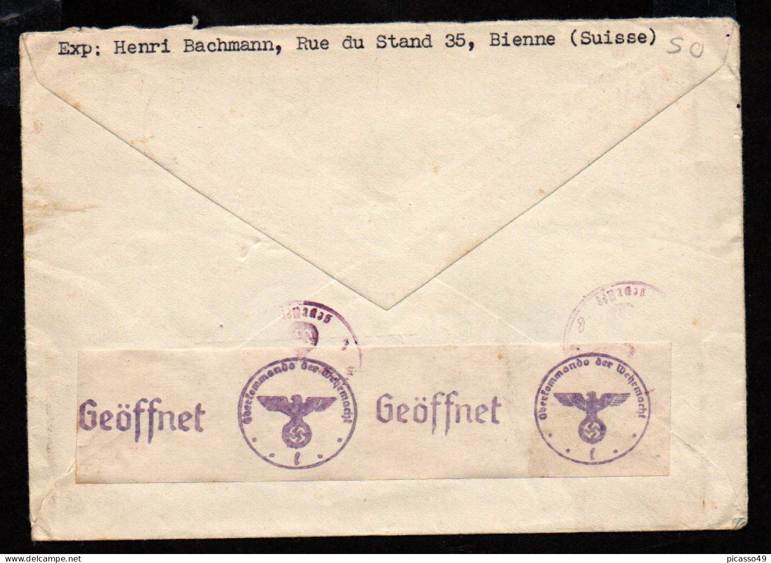 Lettre De Suisse Pour La France Du 30 9 1943 Avec Marque De Controle Allemande Au Dos - Postmark Collection