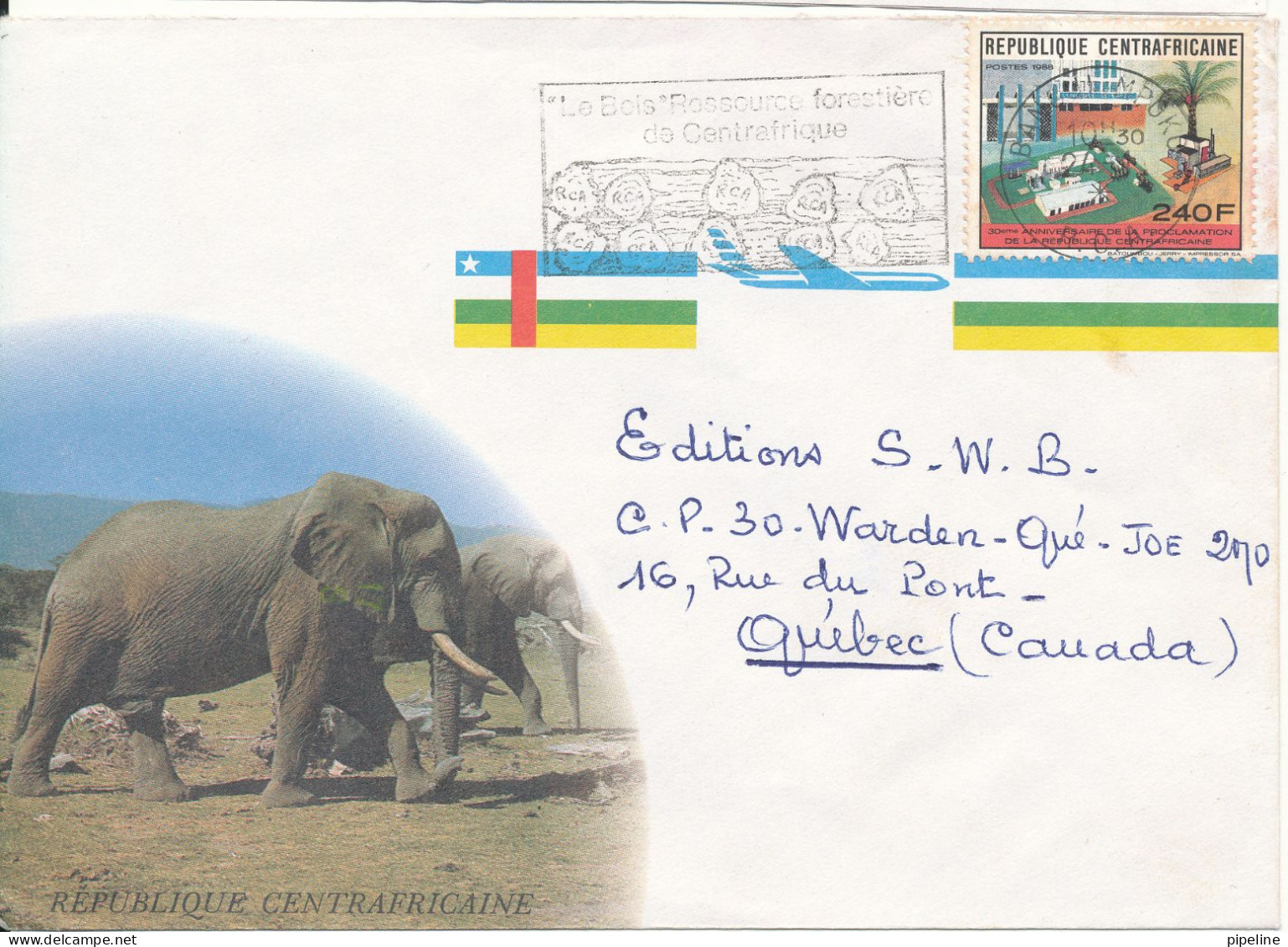 Central African Republic Cover Sent To Canada 1988 Single Franked - Cartas & Documentos