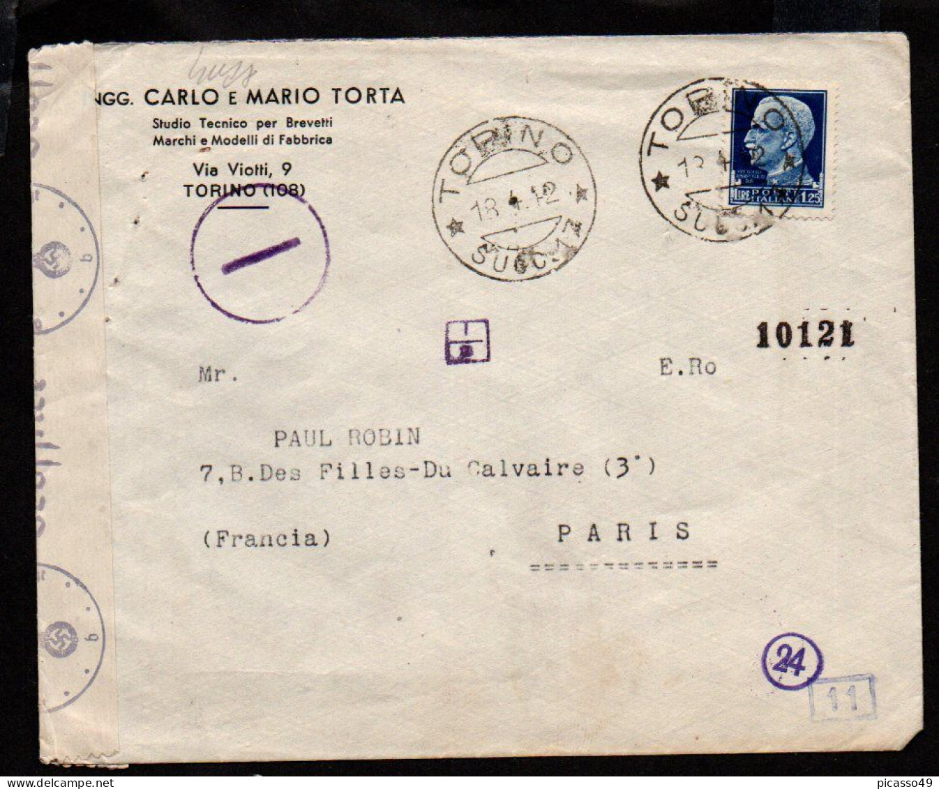 Lettre De Turin Vers Paris Du 18 4 1942 , Marque De Censure Au Dos ( Voir Description ) - Kriegspropaganda