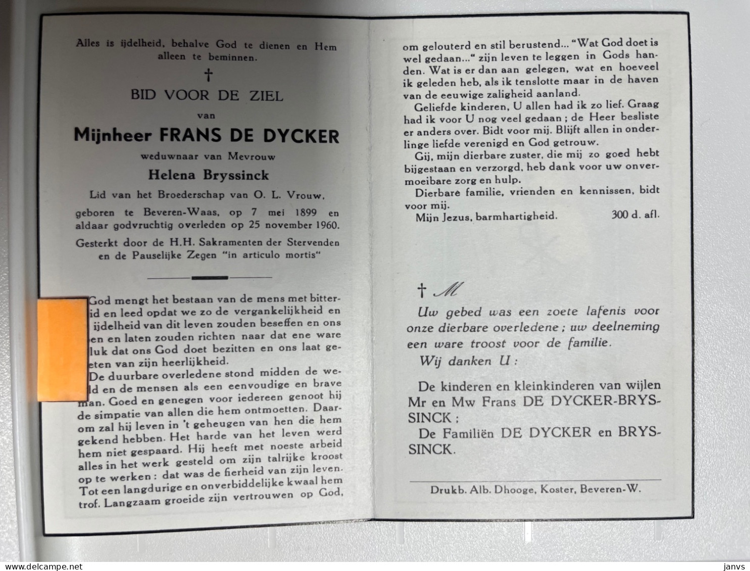 Devotie Dp - Overlijden Frans De Dycker Wwe Bryssinck - Beveren-Waas 1899 - 1960 - Décès