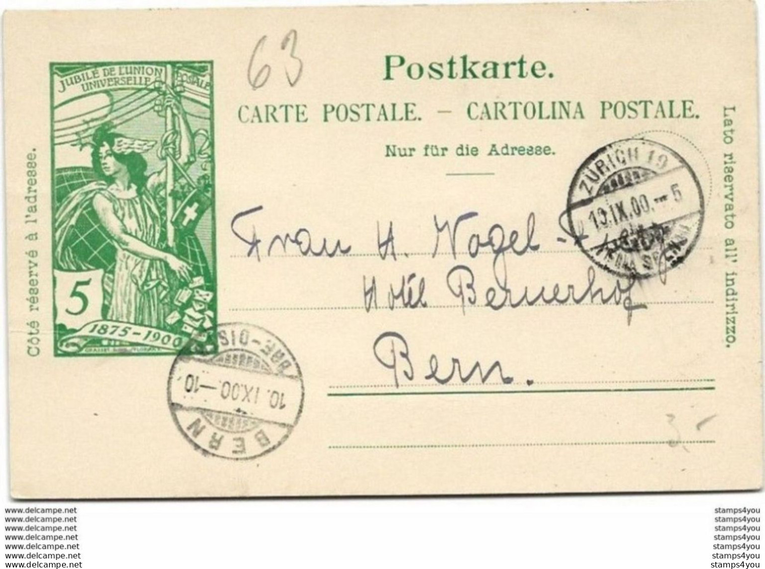 28 - 93 - Entier Postal UPU Avec Cachets à Date Zürich Et Bern 1900 - Ganzsachen