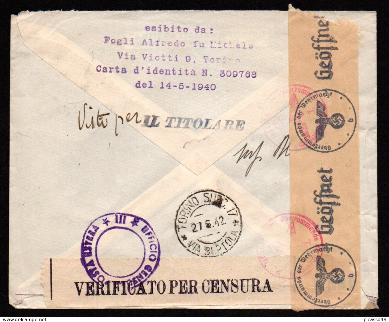 Lettre De Turin Vers Paris Du 27 6 1942 , Marque De Censure Au Dos ( Voir Description ) - Propaganda De Guerra
