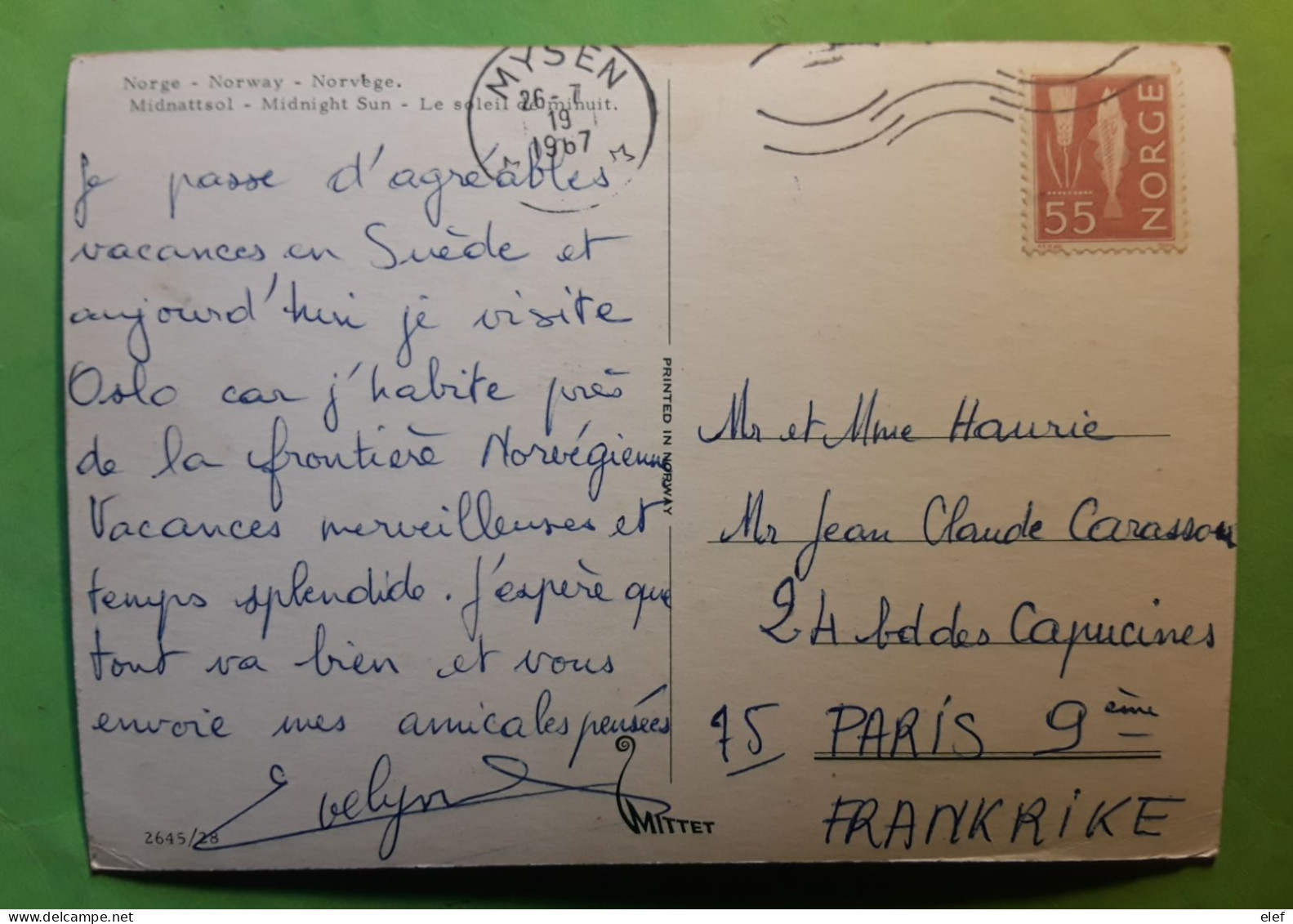 NORGE NORWAY NORVÈGE, Mysen , Midnight Sun Postcard Yvert 444, 55 O Brun Rouge Cod Morue , 1967 > Paris - Covers & Documents