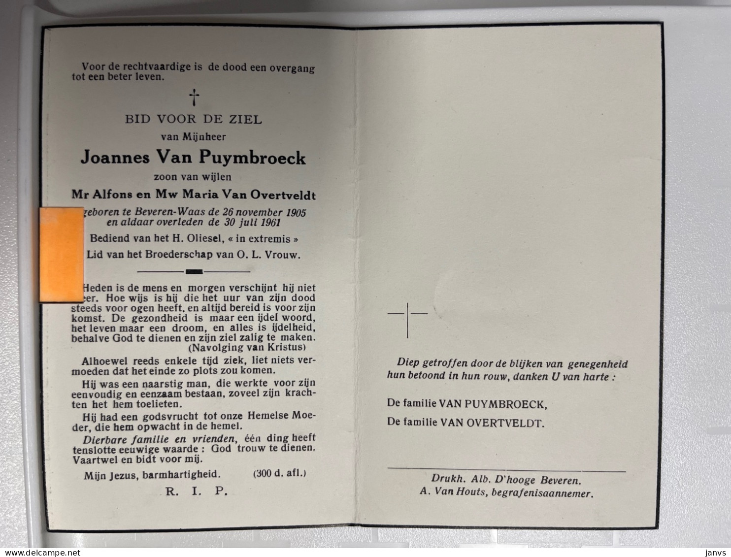 Devotie Dp - Overlijden Joannes Van Puymbroeck - Van Overtveldt - Beveren-Waas 1905 - 1961 - Décès