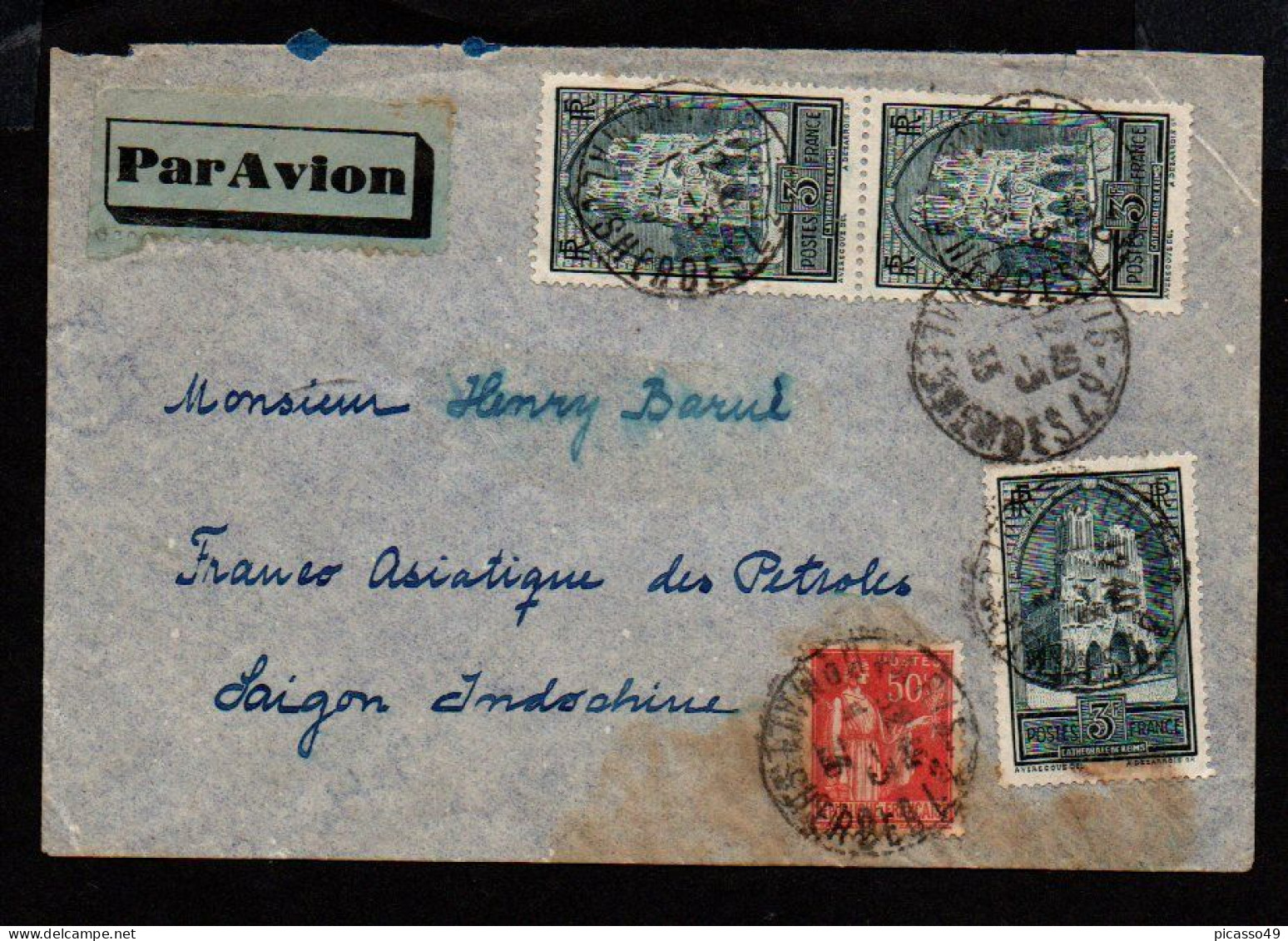 Lettre De France Pour L'Indochine N° 259x3+283 Du 1 3 1933 Pour Saigon - Guerre D'Indochine / Viêt-Nam