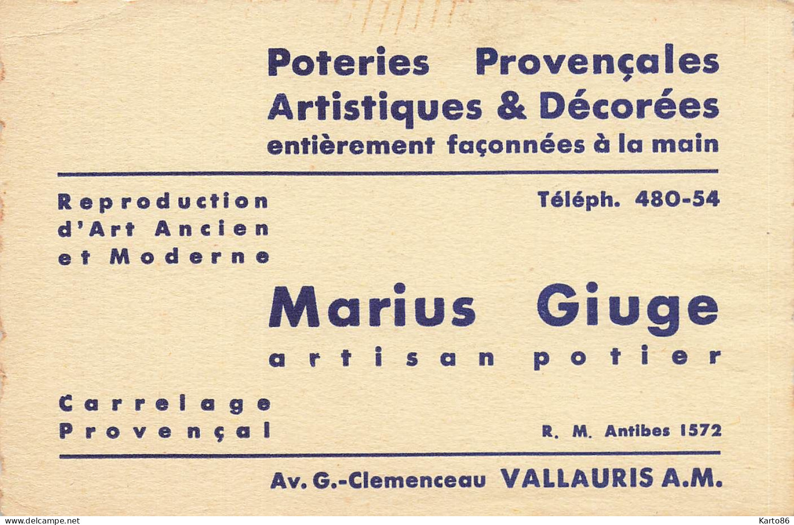 Vallauris * Poteries Potier Marius GIUGE Artisant , Avenue Georges Clémenceau * Carte De Visite Ancienne - Vallauris