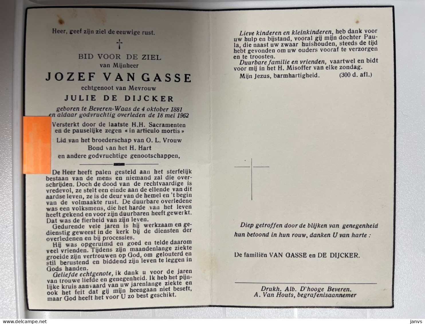 Devotie Dp - Overlijden Jozef Van Gasse Echtg De Dijcker - Beveren-Waas 1881 - 1962 - Obituary Notices