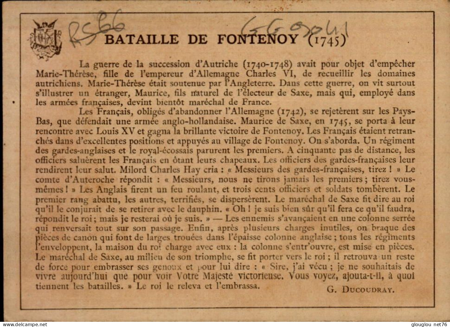 CHROMO...BATAILLE DE FONTENOY (1745)...VOIR DOS - Artis Historia