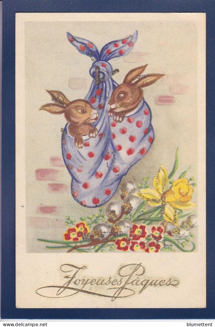 CPA 1 Euro Lapin Pâques Bunny Prix De Départ 1 Euro écrite Paillettes En Relief - Autres & Non Classés