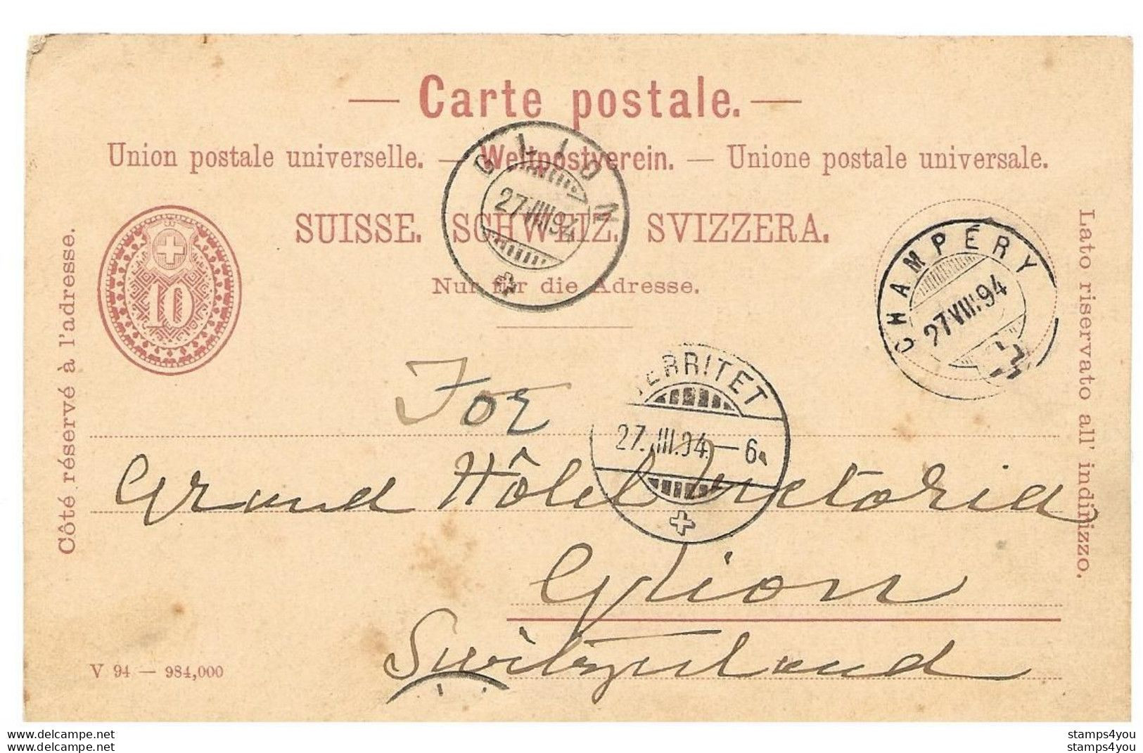 28 - 70 - Entier Postal  Avec Cachets à Date Champéry, Territet Et Glion 1894 - Ganzsachen