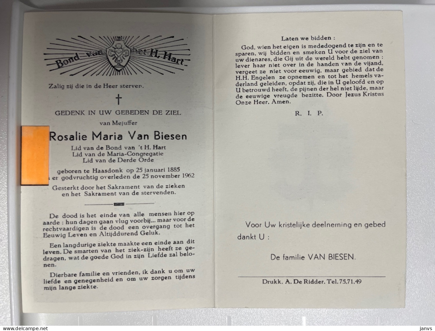 Devotie Dp - Overlijden Rosalie Van Biesen - Haasdonk 1885 - 1962 - Obituary Notices