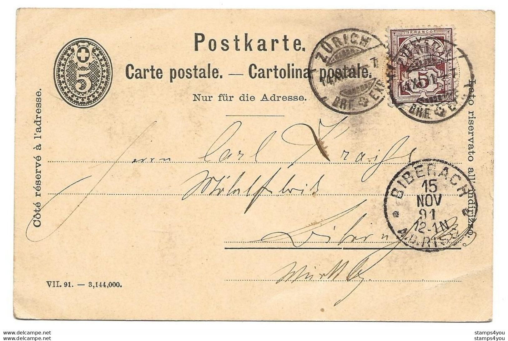 28 - 74 - Entier Postal  Avec Affranchissement Complémentaire Envoyé De Zürich En Allemagne 1891 - Ganzsachen
