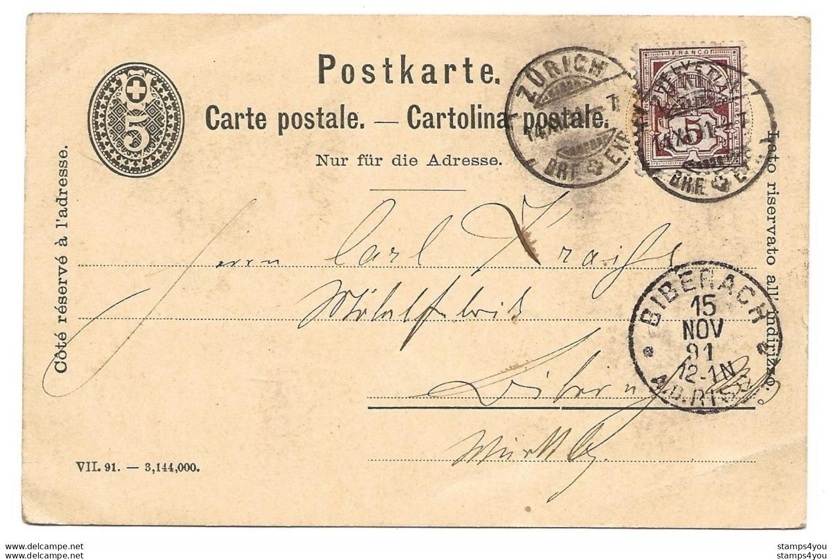 28 - 74 - Entier Postal  Avec Affranchissement Complémentaire Envoyé De Zürich En Allemagne 1891 - Entiers Postaux