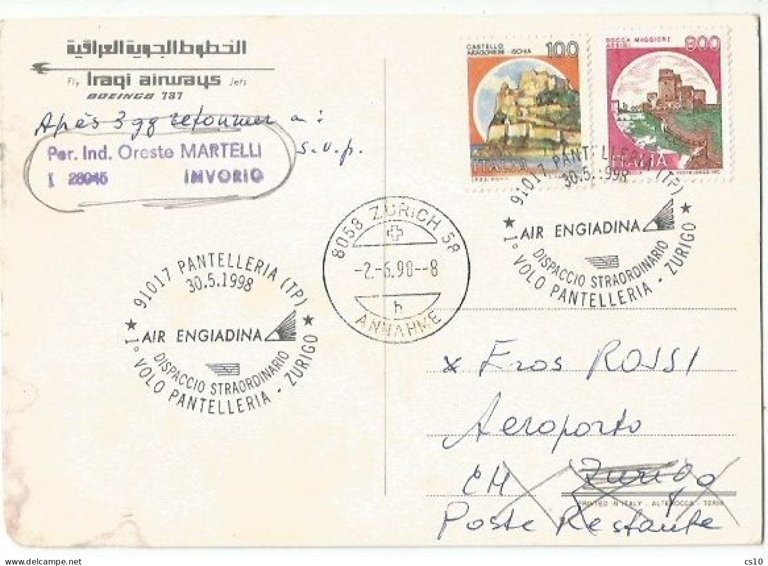 Air Engiadina FFC Pantelleria Zurich 30may1998 Special Cachet - First Flight Covers