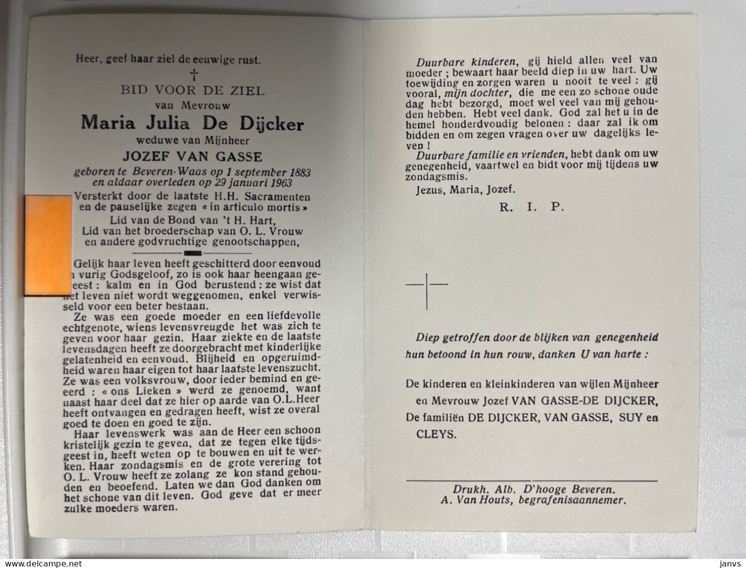 Devotie Dp - Overlijden Maria De Dijcker Wwe Van Gasse - Beveren-Waas 1883 - 1963 - Obituary Notices