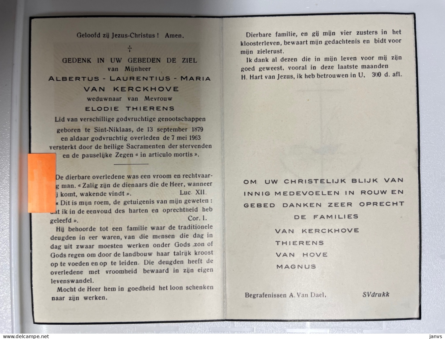 Devotie Dp - Overlijden Albertus Van Kerckhove Wwe Thierens - Sint-Niklaas 1879 - 1963 - Obituary Notices