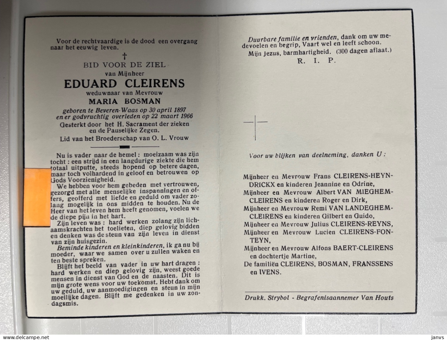 Devotie Dp - Overlijden Eduard Cleirens Wwe Bosman - Beverne-Waas 1897 - 1966 - Obituary Notices