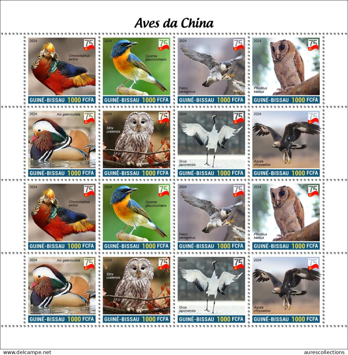 GUINEA BISSAU 2024 MS 16V - 75 ANNIV. CHINA BIRDS - OWL OWLS FALCON DUCK EAGLE GOLDEN PHEASANT FLYCATCHER CRANE - MNH - Arends & Roofvogels