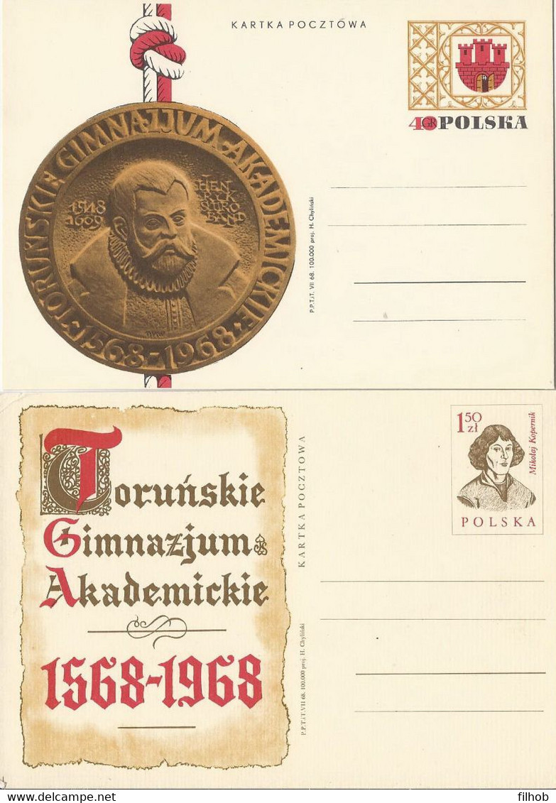 Poland Postcard Cp 389-90 Set.2: Torun 400 Years Academic Junior High School Copernicus M.Kopernik - Stamped Stationery