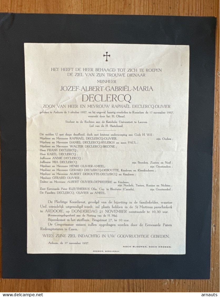 Jozef Declercq *1957 ? Ardooie +1957 Roeselare Student KUL Leuven Essen Hylebos Breyne Ameel Deboutte Blenheim Olivier - Obituary Notices