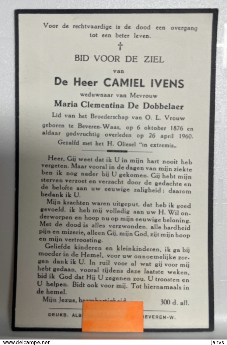 Devotie Dp - Overlijden Camiel Ivens Wwe De Dobbelaer - Bevern-Waas 1876 - 1960 - Obituary Notices