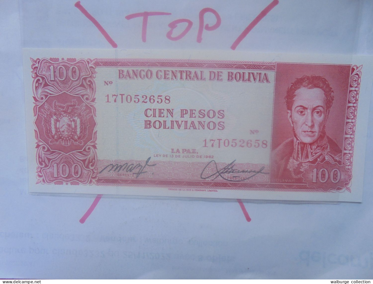 BOLIVIE 100 PESOS BOLIVIANOS 1962 Neuf (B.33) - Bolivia