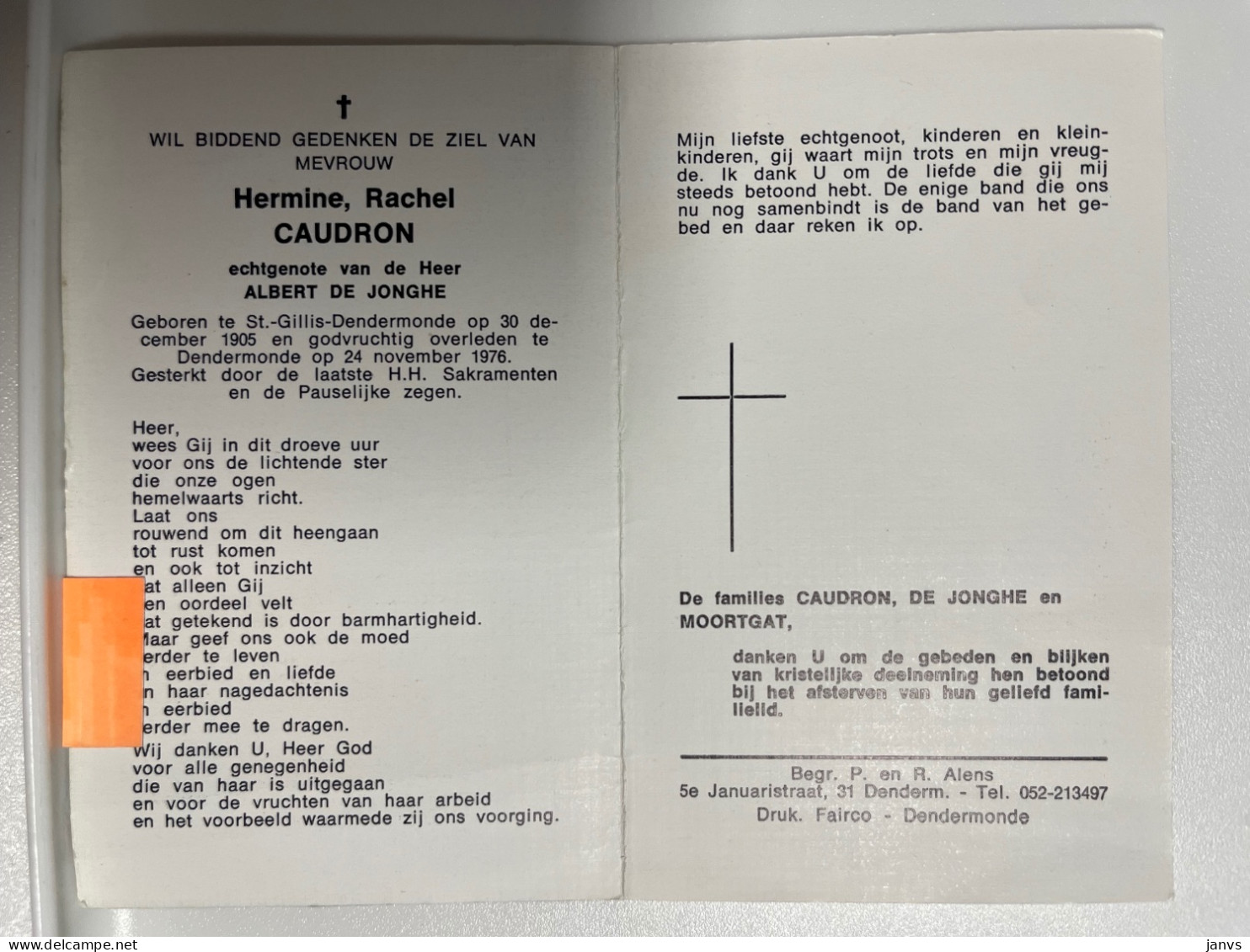 Devotie Dp - Overlijden Hermine Caudron Echtg De Jonghe - St-Gillis-Dendermonde 1905 - Dendermonde 1976 - Obituary Notices