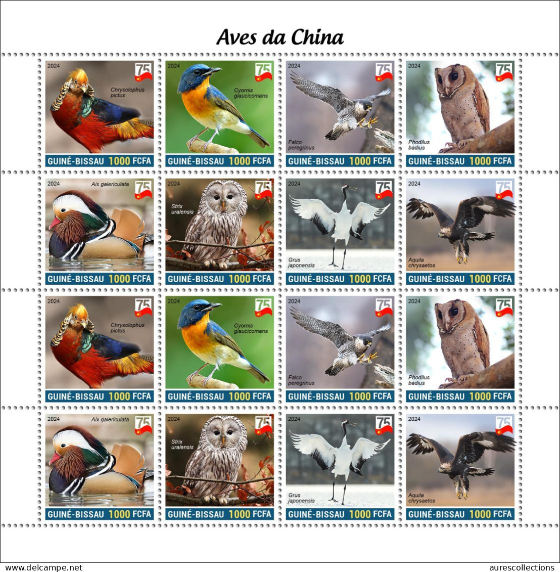 GUINEA BISSAU 2024 MS 16V - 75 ANNIV. CHINA BIRDS - OWL OWLS FALCON DUCK EAGLE GOLDEN PHEASANT FLYCATCHER CRANE - MNH - Uilen