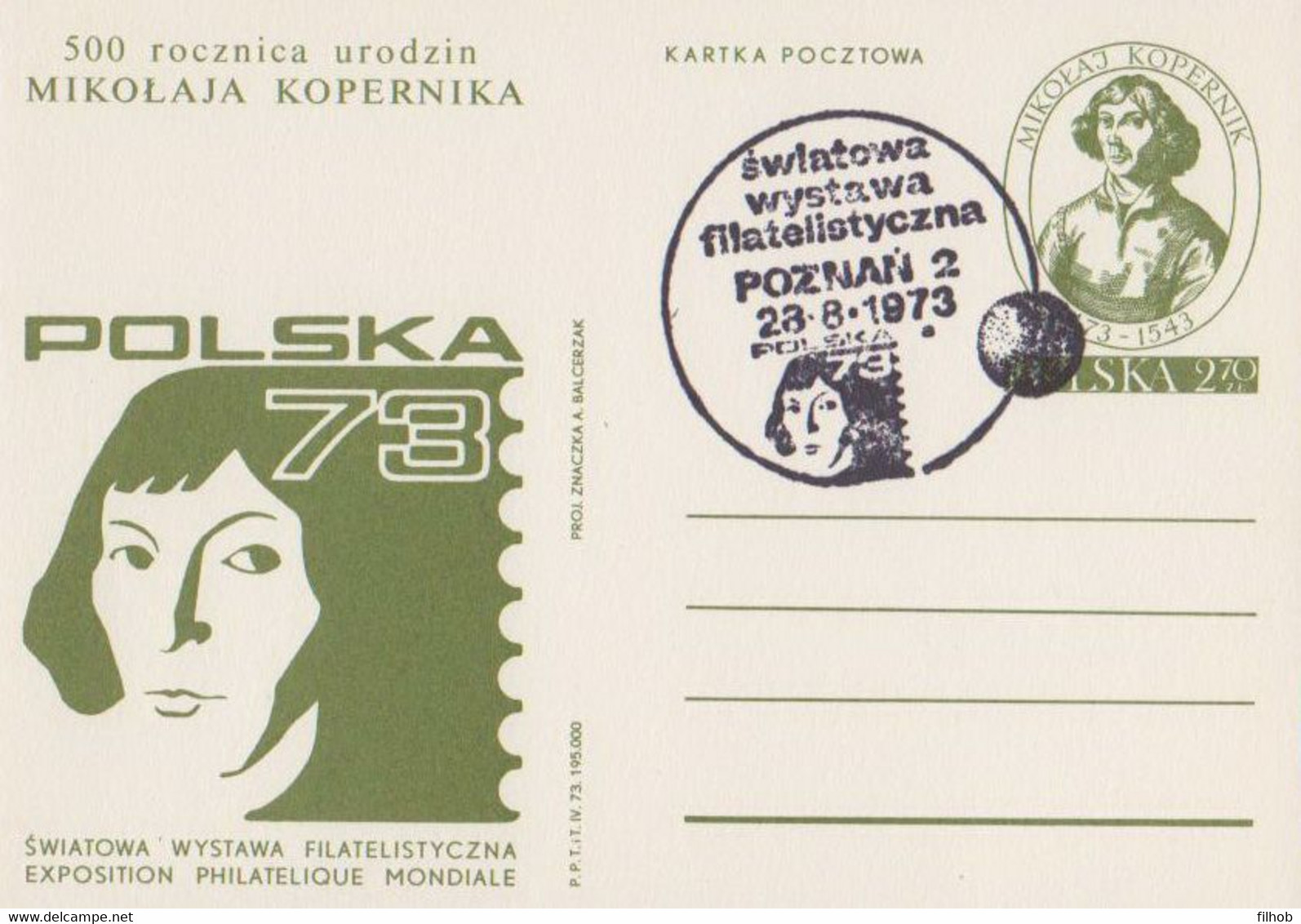 Poland Postmark D73.08.28 POZNAN.01a: Philatelic Exhibition Copernicus (analogous) - Postwaardestukken
