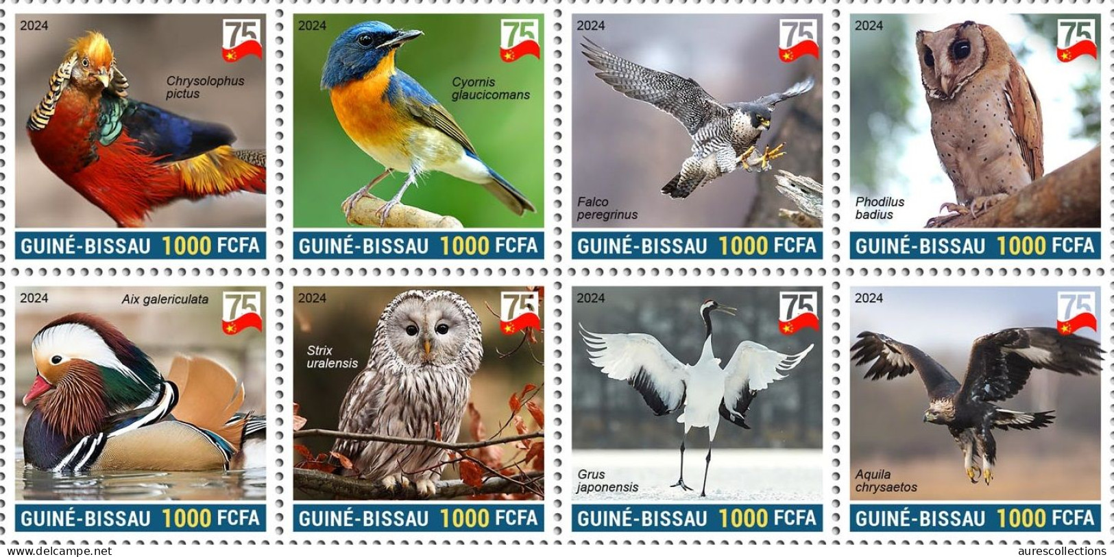 GUINEA BISSAU 2024 SET 8V - 75 ANNIV. CHINA BIRDS - OWL OWLS FALCON DUCK EAGLE GOLDEN PHEASANT FLYCATCHER CRANE - MNH - Búhos, Lechuza