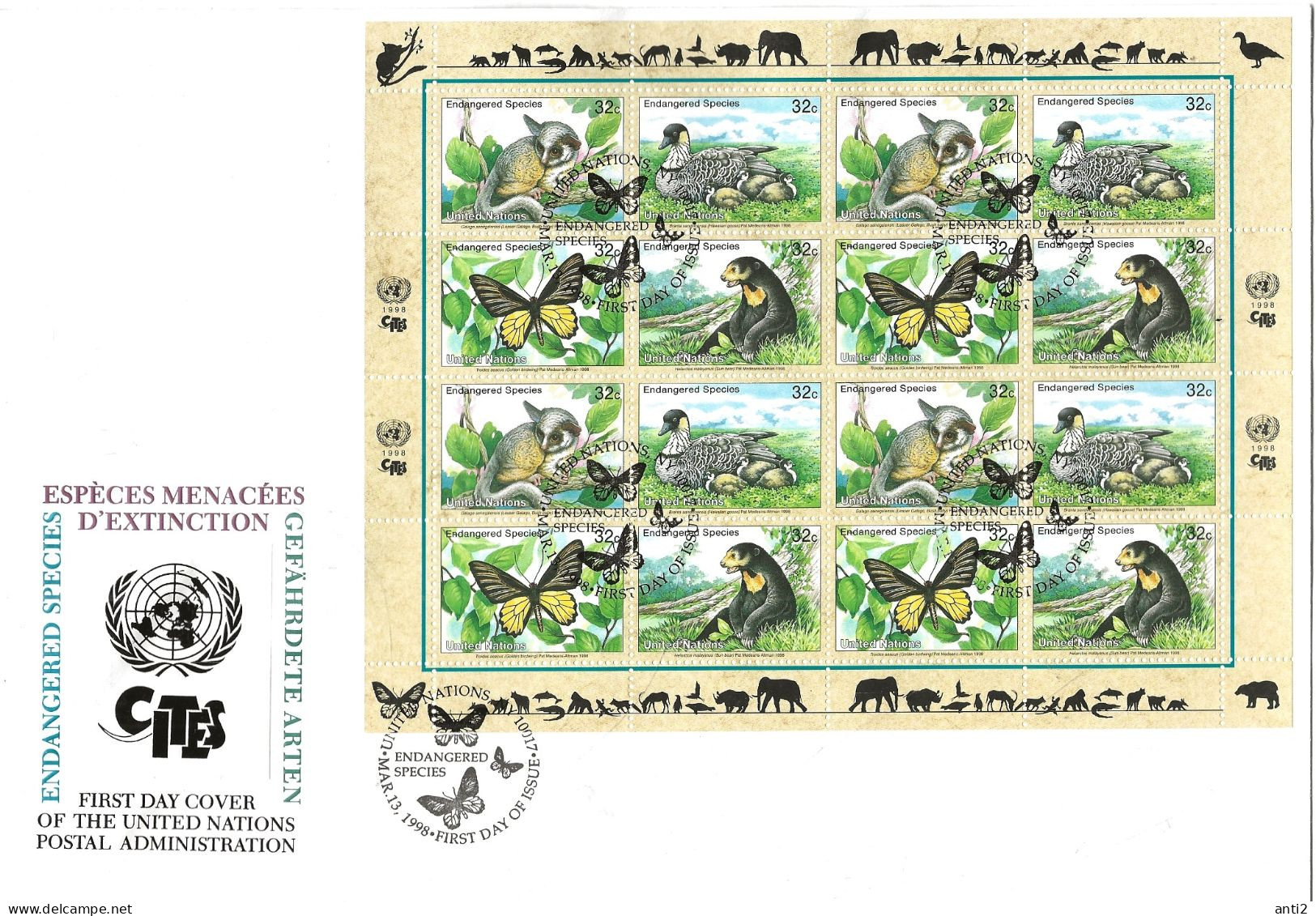 United Nations New York   1998   Endangered Species (VI): Fauna, Mi 767-770 X 4 In Sheet   FDC - Lettres & Documents